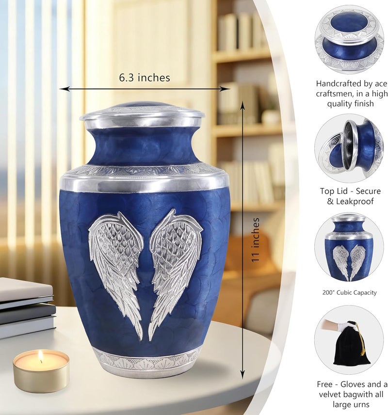 M MEILINXU Urns for Human Ashes Adult Man & Women, Cremation Urn for Ashes Adult Male & Female, Burial Urn, Decorative Urns for Funeral, Silver Engraved Angel Wings, Dark Blue and Silvery - Large - Image 2